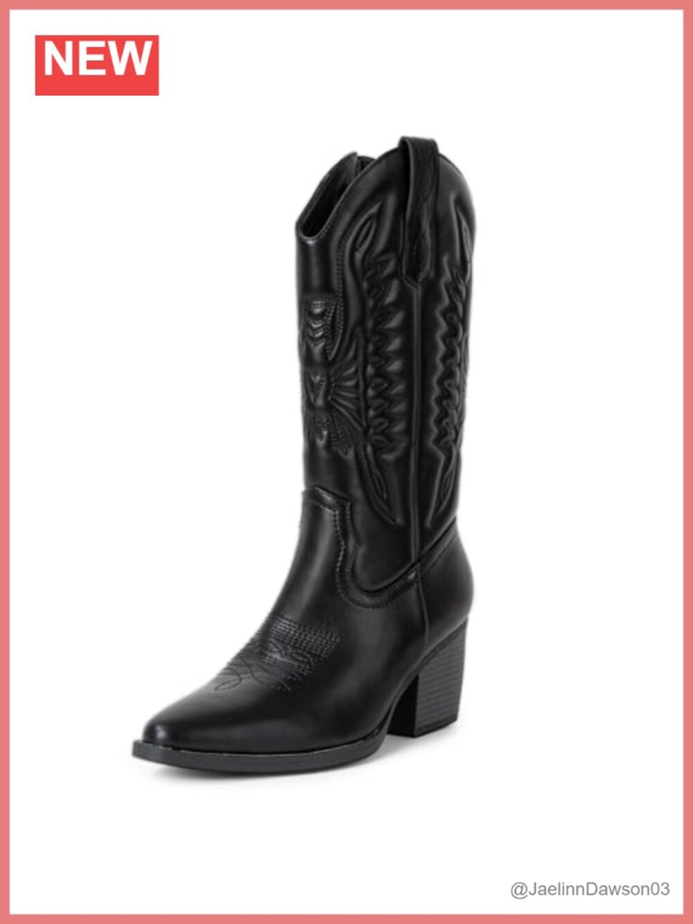 Western Cowgirl Boots Mid Calf Chunky Block Heel Vegan Leather